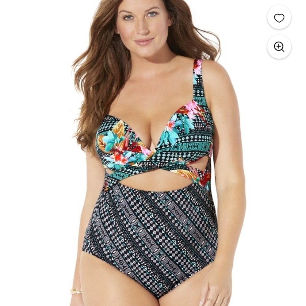 Swimsuits For All Cut Out One-Piece Bathing Suit Tropical Print Size 18